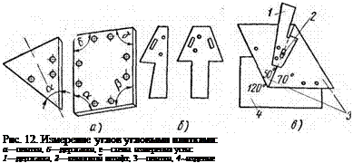 Подпись: Рис. 12. Измерение углов угловыми плитками: а—плитки, б—державки, е—схема измерения угла: 1—державка, 2—клиновой штифт, 3—плитки, 4~изделие 