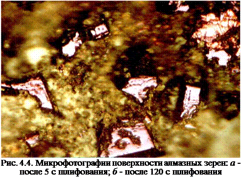 Подпись: Рис. 4.4. Микрофотографии поверхности алмазных зерен: а - после 5 с шлифования; б - после 120 с шлифования 